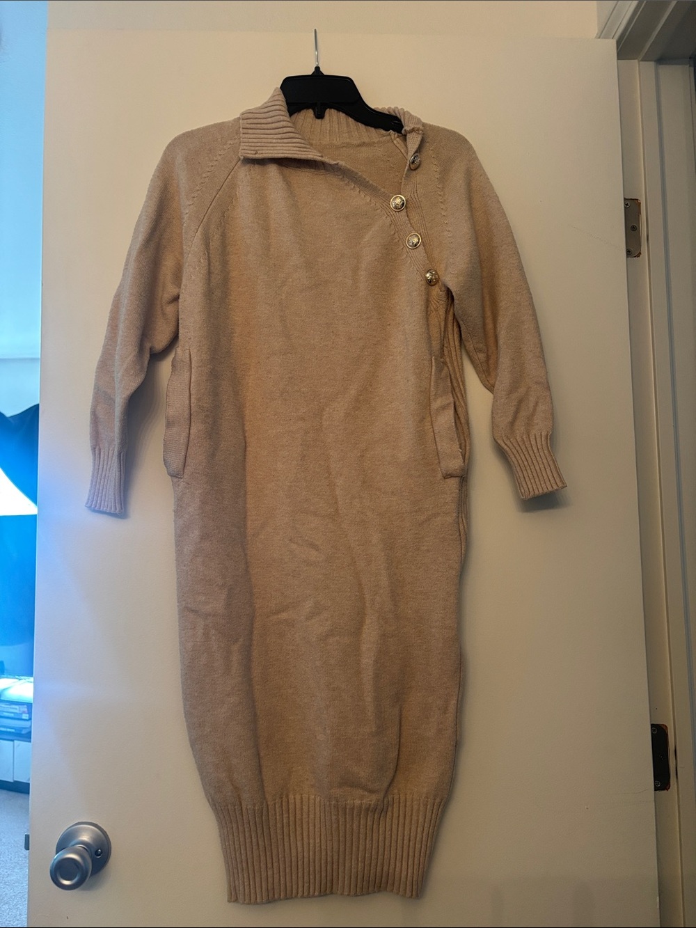 Beige Long-Sleeve Button-Accent Knit Dress